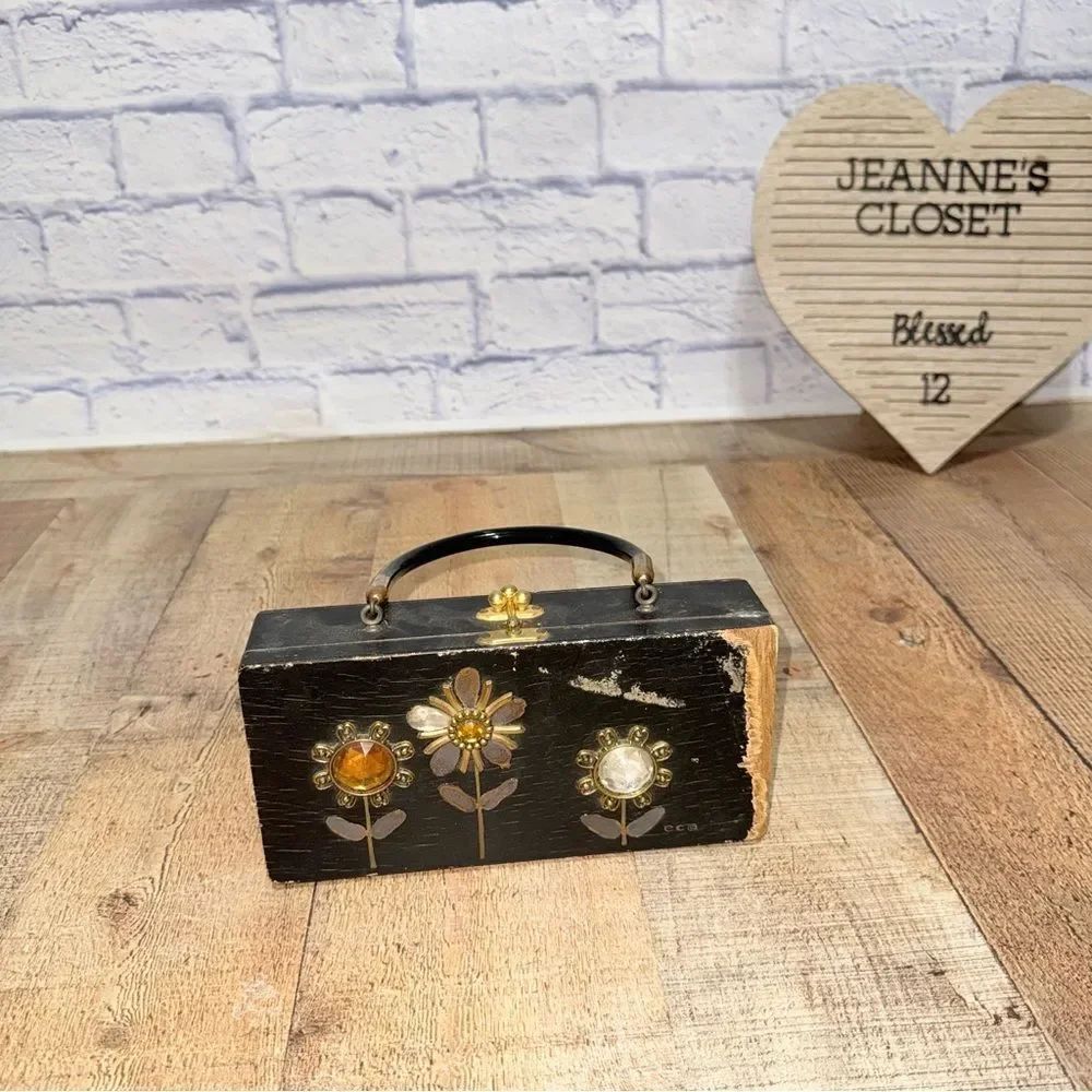 Vintage Enid Collins Wooden Box Purse Black With Gemstone Flowers has flaws
